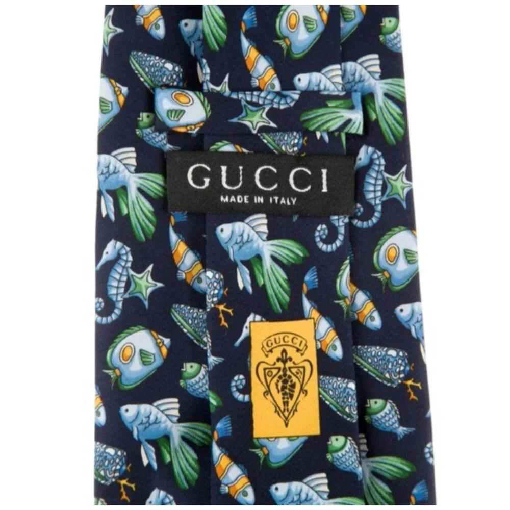 Gucci • Vintage Fish & Seahorse Silk Tie • Classic • 58” • Excellent